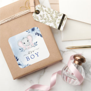 Elephant With Blue Anemones It's A Boy Baby Shower Square Sticker