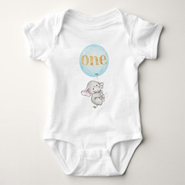 Elephant with Blue Balloon 1st Birthday Baby Bodysuit (Front)