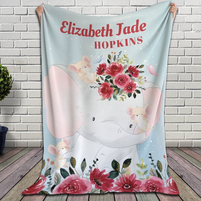 Elephant with Burgundy Maroon Flowers + Name Sherpa Blanket (Creator Uploaded)