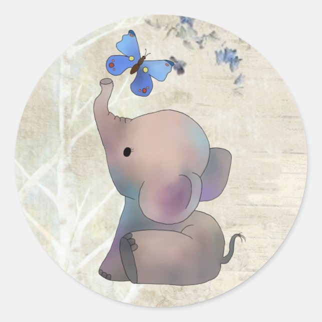 Elephant with butterfly classic round sticker (Front)