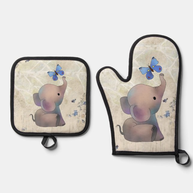 Elephant with butterfly oven mitt & pot holder set (Front)