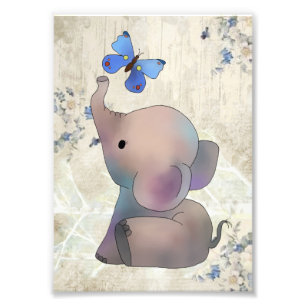 Elephant with butterfly vintage photo print
