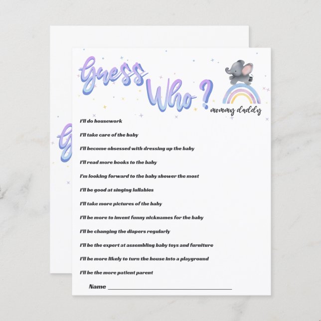 Elephant with Colourful Rainbow Baby Shower Game (Front/Back)