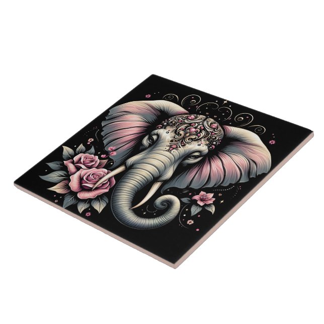 Elephant with elegant roses illustration ceramic tile (Side)