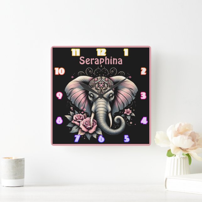 Elephant with elegant roses illustration square wall clock (Home)