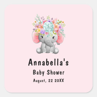 Elephant with Flowers  Baby Shower  Square Sticker