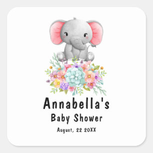 Elephant with Flowers Baby Shower Square Sticker