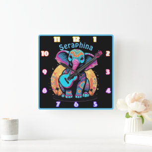 Elephant with guitar at sunset square wall clock