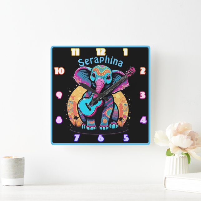 Elephant with guitar at sunset square wall clock (Home)