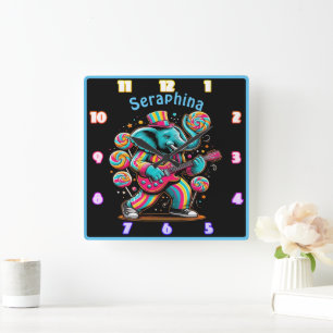 Elephant with guitar in candy swirls square wall clock