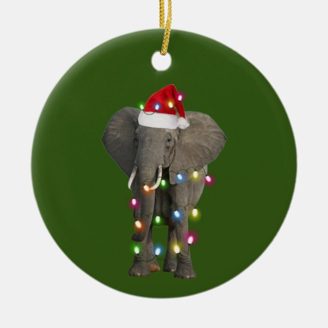 Elephant With Hat Lights Christmas Ceramic Ornament (Front)