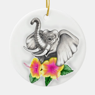 Elephant with Hibiscus Design Ceramic Tree Decoration