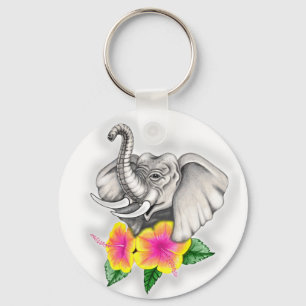Elephant with Hibiscus Design Key Ring