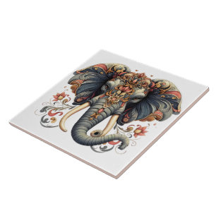 Elephant with intricate floral designs ceramic tile