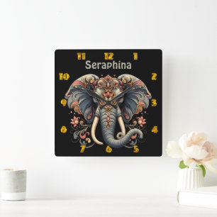 Elephant with intricate floral designs square wall clock