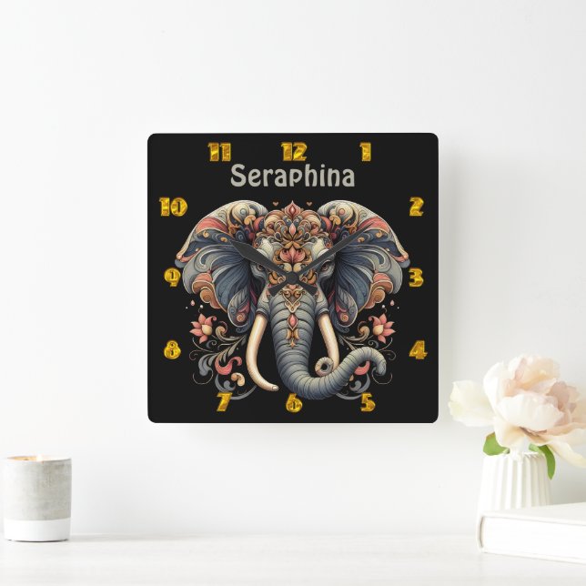 Elephant with intricate floral designs square wall clock (Home)