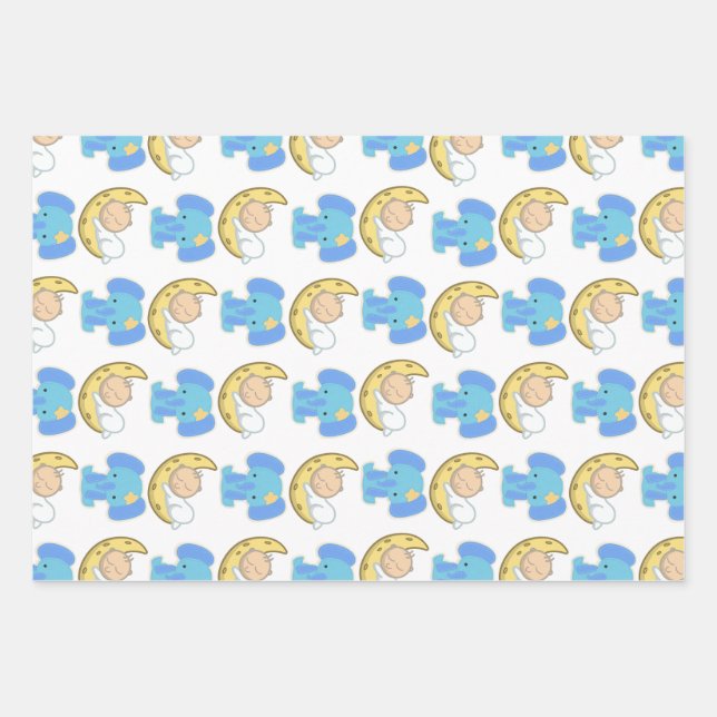 Elephant with Moon Baby Design Wrapping Paper Sheet (Front)