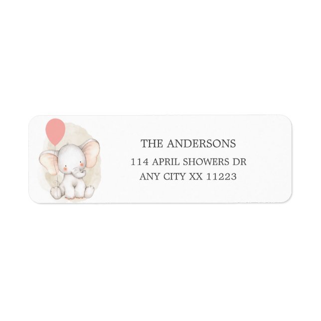 Elephant with pink balloon baby shower return address label (Front)