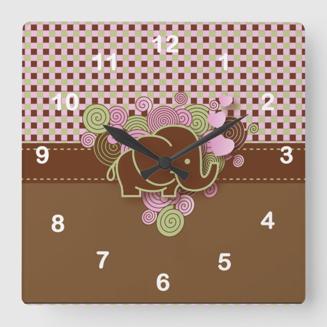 Elephant with Pink & Brown Plaid Background Square Wall Clock (Front)