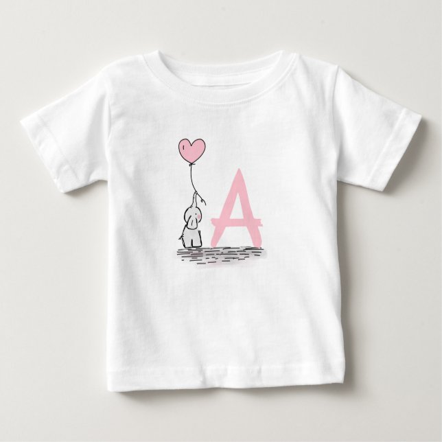 Elephant With Pink Heart Balloon Monogram Baby T-Shirt (Front)