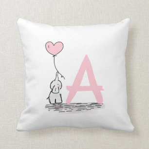 Elephant With Pink Heart Balloon Monogram Nursery Cushion
