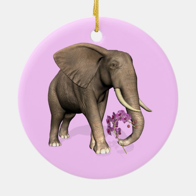 Elephant With Pink Orchid Ceramic Tree Decoration (Back)