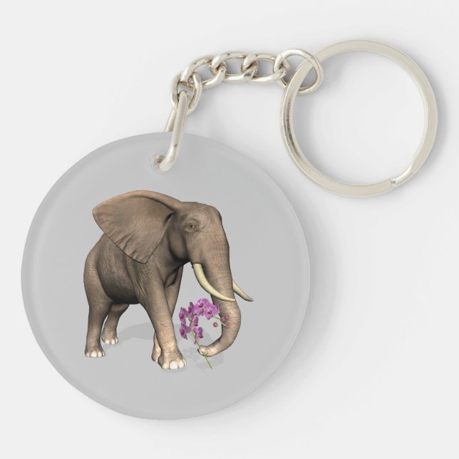 Elephant With Pink Orchid Key Ring (Back)