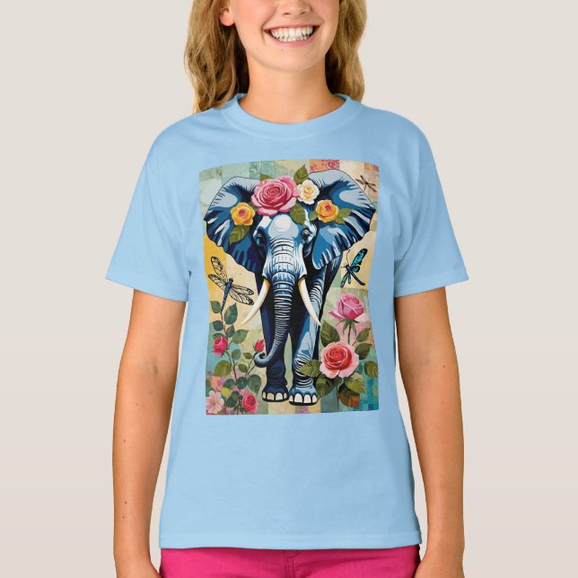 Elephant With Roses And Dragonflies Patchwork T-Shirt (Front)