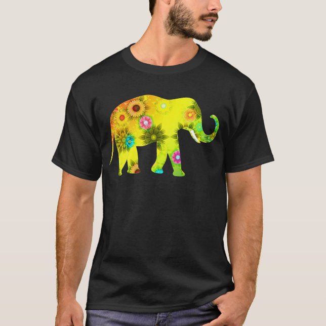 Elephant with Trunk Up Floral Elephant T-Shirt (Front)