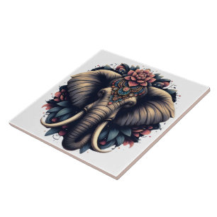 Elephant with vibrant floral patterns ceramic tile