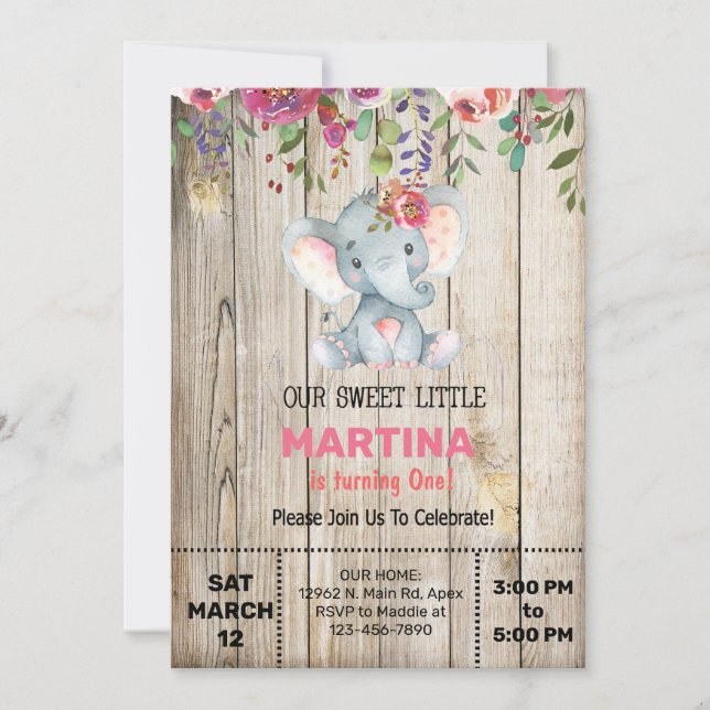 Elephant & wood girl birthday invitation, invite. invitation (Front)
