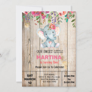 Elephant & wood girl birthday invitation, invite. invitation