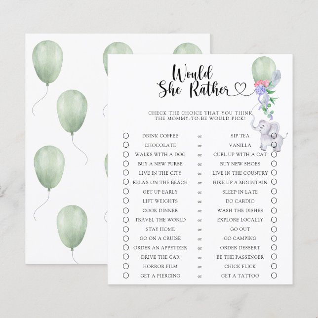Elephant / Would She Rather Baby Shower Game (Front/Back)