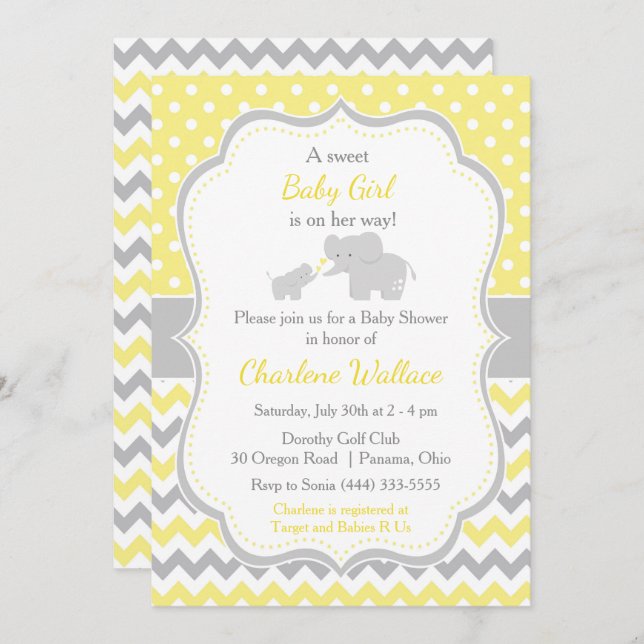 Elephant Yellow and Grey Baby Shower Invitation (Front/Back)