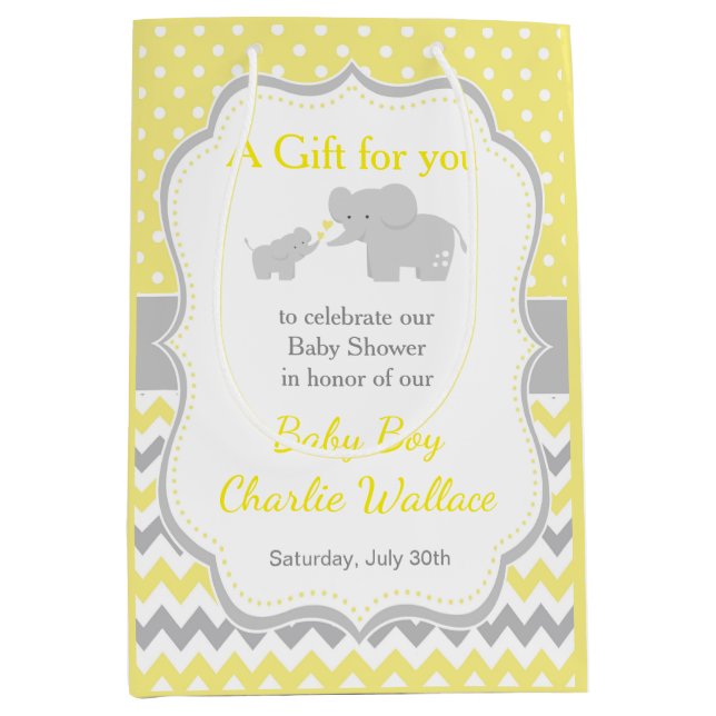 Elephant Yellow and Grey Baby Shower Thank You Medium Gift Bag (Front)