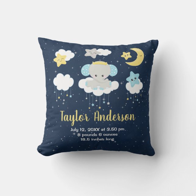 Elephant Yellow and Navy Baby Birth Statistics Cushion (Front)
