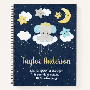 Elephant Yellow and Navy Baby Birth Statistics Notebook