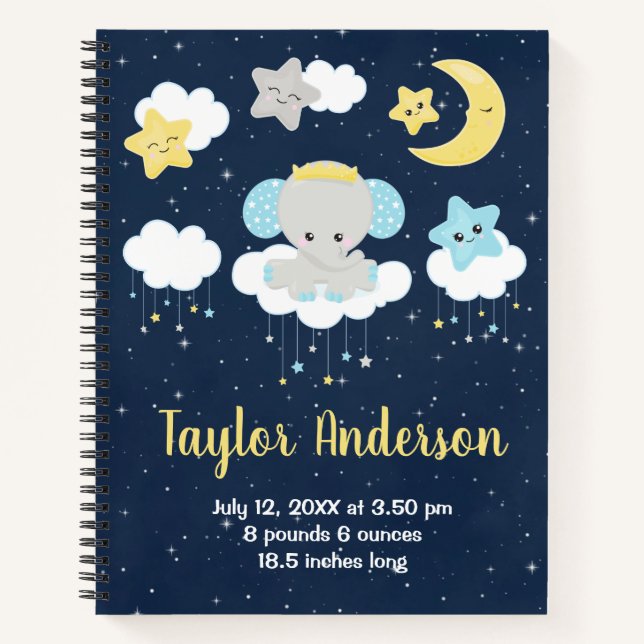 Elephant Yellow and Navy Baby Birth Statistics Notebook (Front)