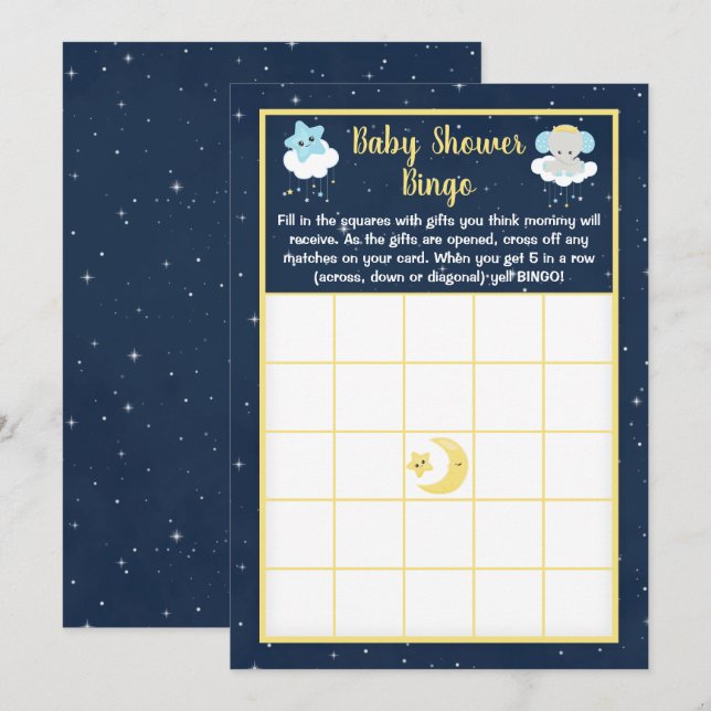 Elephant Yellow and Navy Baby Shower Bingo Invitation (Front/Back)
