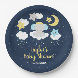 Elephant Yellow and Navy Baby Shower Paper Plate