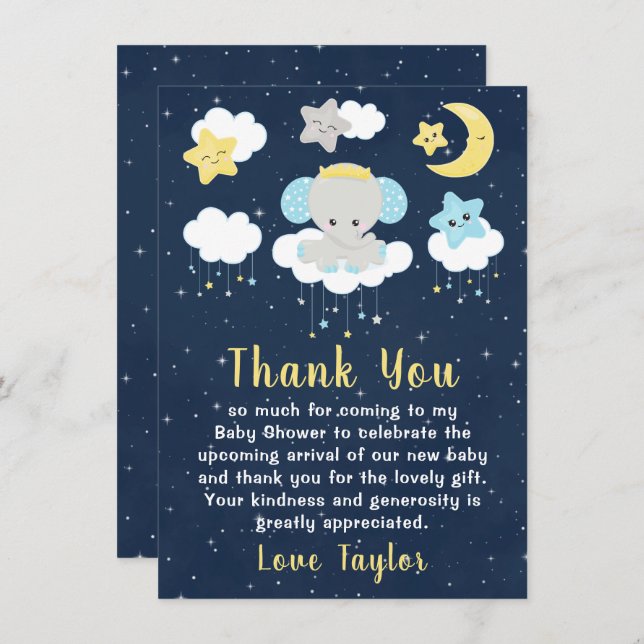 Elephant Yellow and Navy Baby Shower Thank You Card (Front/Back)