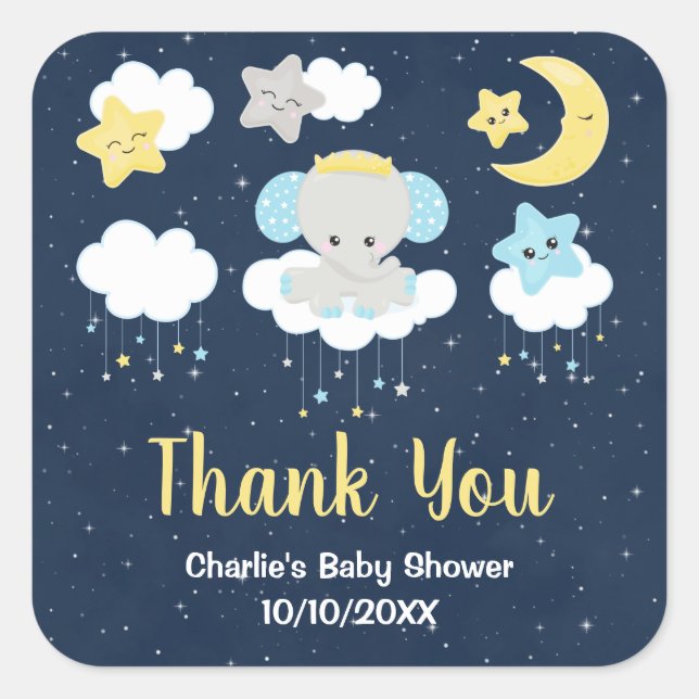 Elephant Yellow and Navy Baby Shower Thank You Square Sticker (Front)