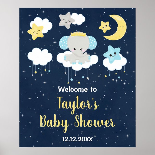 Elephant Yellow and Navy Baby Shower Welcome Sign (Front)