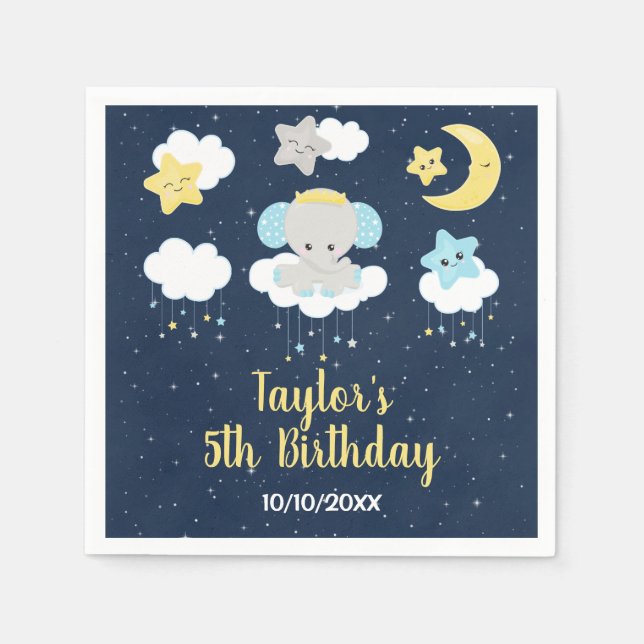 Elephant Yellow and Navy Birthday Party Napkin (Front)
