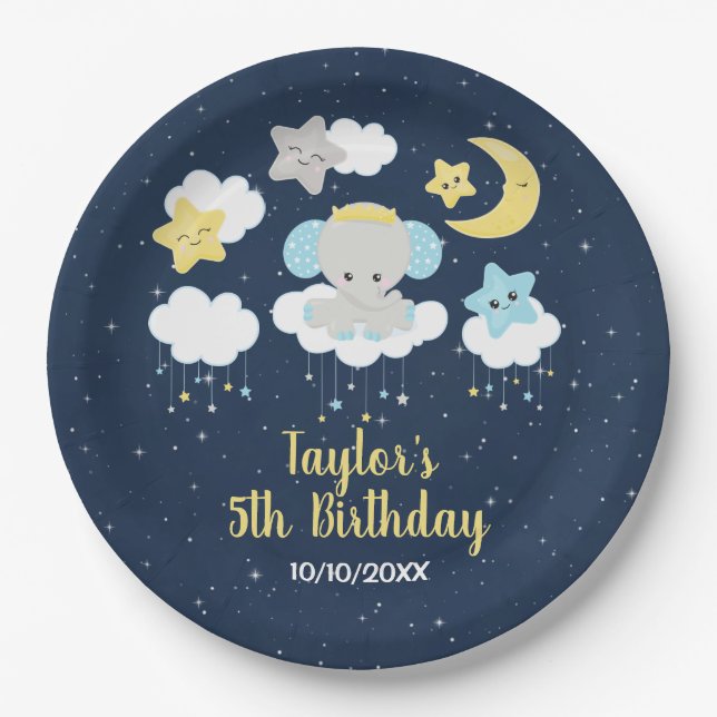 Elephant Yellow and Navy Birthday Party Paper Plate (Front)