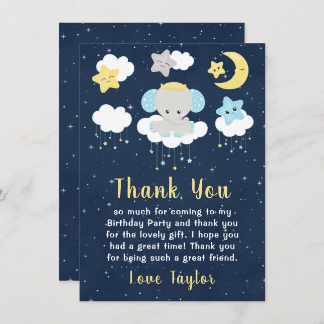Elephant Yellow and Navy Birthday Party Thank You Card (Front/Back)