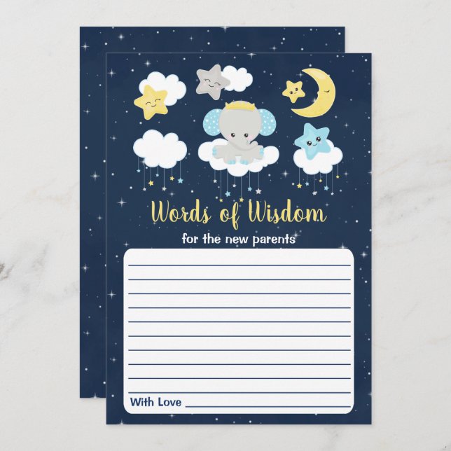 Elephant Yellow Navy Baby Shower Words of Wisdom Invitation (Front/Back)