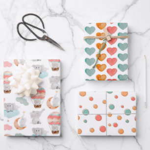 Elephants and Love Heart Pattern Wrapping Paper Sheet