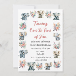 Elephants & Boho Jungle Flowers Birthday Invitation