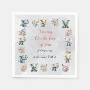 Elephants & Boho Jungle Flowers on Grey Birthday Napkin